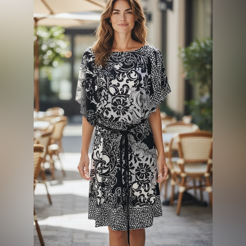 Chaya Women's Dress Geometric Design Black and White Split Sleeves Belt Size 10